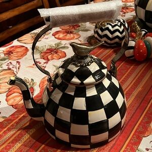 New Mackenzie-Childs 3-qt tea kettle in Courtly Check pattern with bird knob.